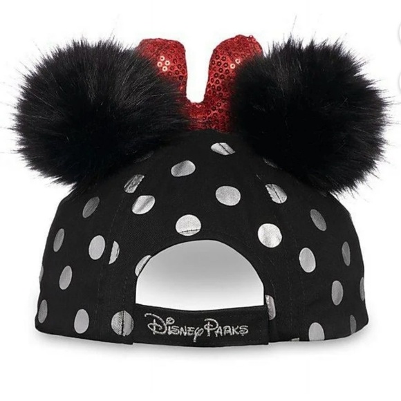 Disney Women’s Minnie Mouse Polka Dot Pom Pom Baseball Cap Adult Size Sequins - Picture 2 of 6